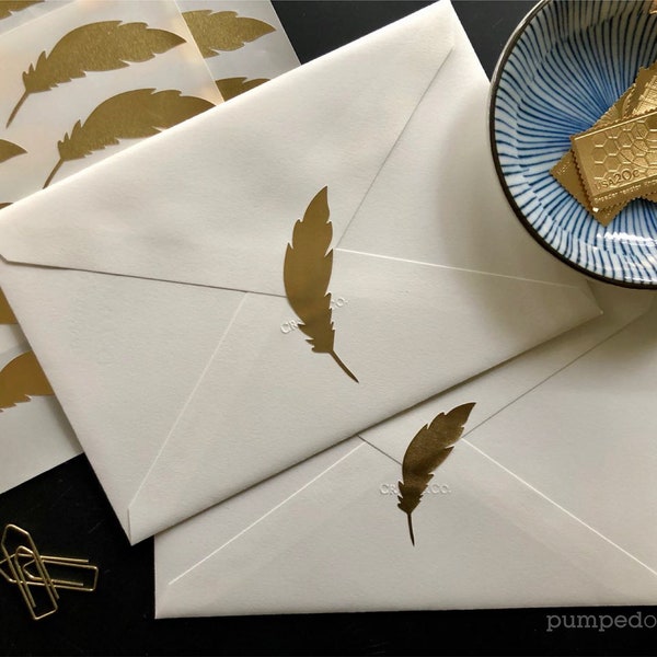 gold foil feather stickers, gold stickers for envelopes, wedding invitations, cute planner stickers, scrapbooking, packaging labels, SSFE02