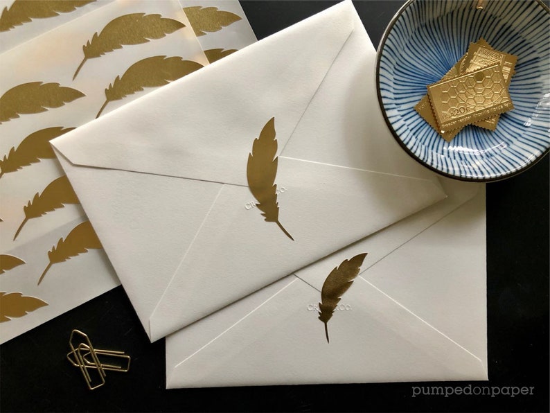 gold foil feather stickers, gold stickers for envelopes, wedding invitations, cute planner stickers, scrapbooking, packaging labels, SSFE02 image 1