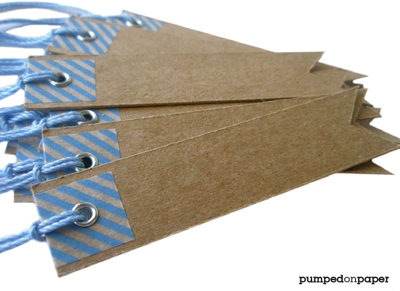 kraft pennant flag with blue striped washi tape set of 20 blue baby shower favor tags