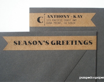 personalized skinny banner wraparound return address labels - season's greetings - set of 28