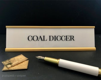personalized desk name plate, personalized gift, office name sign, white acrylic nameplate w/gold or black holder, goal digger sign, NPPE