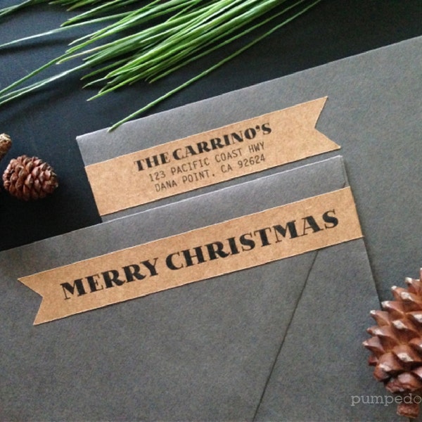 merry christmas - personalized skinny wraparound return address labels - banner shape - set of 28