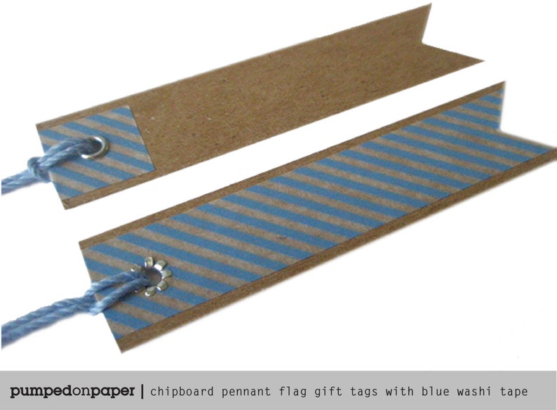 kraft pennant flag with blue striped washi tape set of 20 blue baby shower favor tags