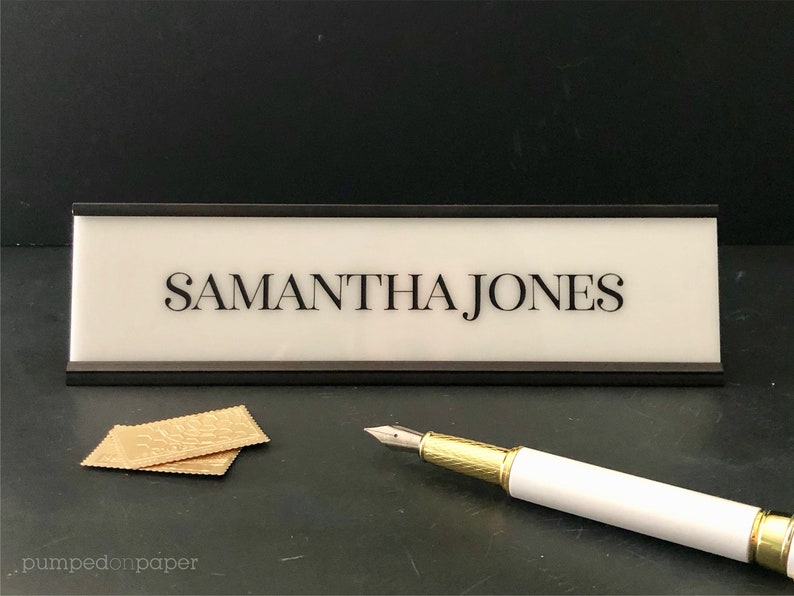 custom desk name plate, personalized gift, motivational quote desk sign, personalized name plate, white acrylic w/gold or black holder NPCU zdjęcie 5