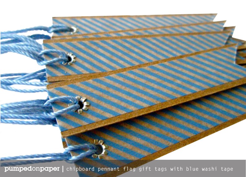 kraft pennant flag with blue striped washi tape set of 20 blue baby shower favor tags