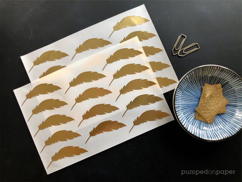 gold foil feather stickers, gold stickers for envelopes, wedding invitations, cute planner stickers, scrapbooking, packaging labels, SSFE02 image 5