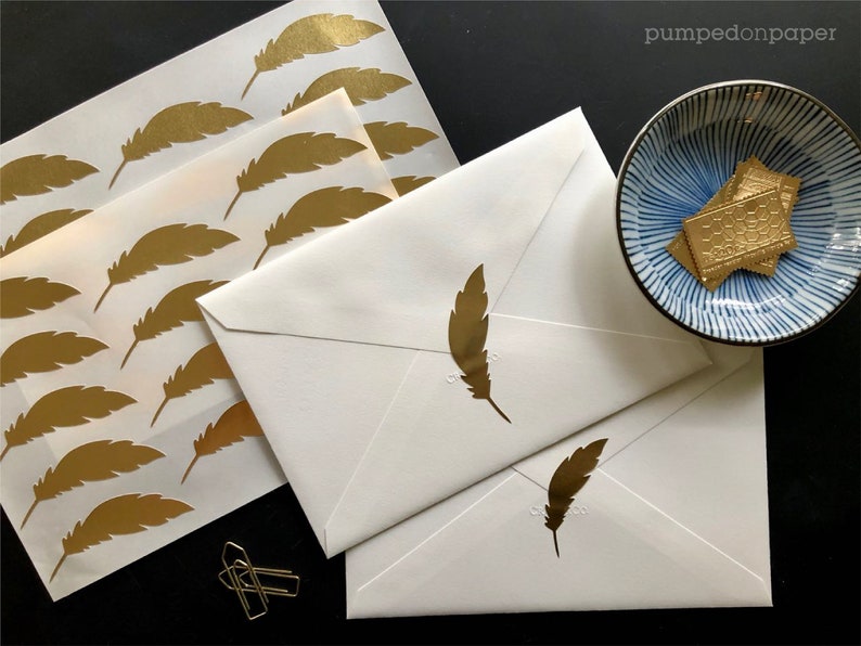 gold foil feather stickers, gold stickers for envelopes, wedding invitations, cute planner stickers, scrapbooking, packaging labels, SSFE02 image 4