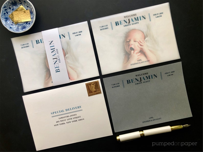 vellum baby birth announcement, custom baby announcement, new baby card, vellum overlay, baby boy, stuff print stamp & mail service, VLBAB3 image 1