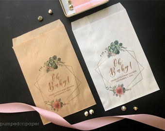 personalized succulent baby shower favor bags, oh baby pink floral gold geometric baby shower goody bags, baby shower treat bags, SLBSFB2