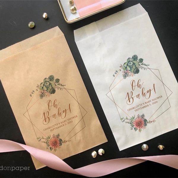 personalized succulent baby shower favor bags, oh baby pink floral gold geometric baby shower goody bags, baby shower treat bags, SLBSFB2
