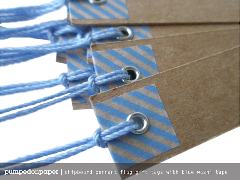kraft pennant flag with blue striped washi tape set of 20 blue baby shower favor tags
