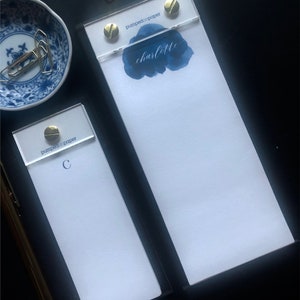 personalized acrylic notepad set, blue watercolor monogram and name, refillable writing pad, gift for women, gold-tone hardware, LSNPBLUE2