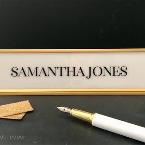 custom desk name plate, personalized gift, motivational quote desk sign, personalized name plate, white acrylic w/gold or black holder NPCU image 1