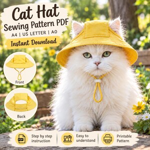 Patrón de costura de gorro para gato en PDF, patrón de gorro para mascota, patrón de costura para gato, gorro para gato DIY, gorro para mascota imprimible, tamaño A4 (carta estadounidense)