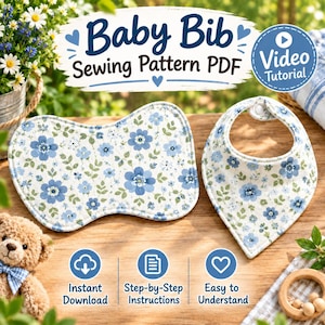 Puede incluir: Un patrón de costura digital para babero de bebé con estampado floral azul. La imagen muestra el texto Baby Bib Sewing Pattern PDF, Video Tutorial, Instant Download, Step-by-Step Instructions y Easy to Understand con iconos.