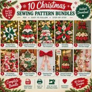 10 Christmas Sewing Pattern Bundle PDF, Holiday Decor Sewing Patterns, Fabric Christmas Tree Ornaments, Poinsettia, Bow & Door Hangers