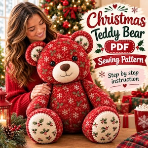 Patrón de costura de oso de peluche navideño en PDF / Patrón de oso de peluche / Patrón de costura de animal de peluche / Oso de Navidad DIY / Patrón de oso imprimible