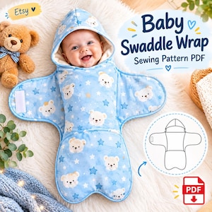 May include: A light blue baby swaddle wrap sewing pattern PDF featuring a repeating print of white teddy bear faces and blue stars. The swaddle includes a hood and side flaps with white hook-and-loop fasteners. Text reads Baby Swaddle Wrap.