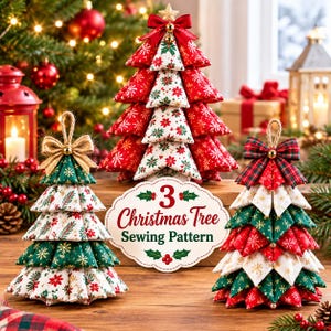 May include: Three fabric Christmas tree ornaments featuring layered, folded triangular panels in red, green, and white holiday patterns. Each tree is topped with a decorative bow. A central sign displays the text 3 Christmas Tree Sewing Pattern.