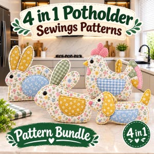 4-in-1 Potholder Sewing Pattern PDF, Animal Oven Mitt, Bunny Chicken Dog, Quilted Hot Pad