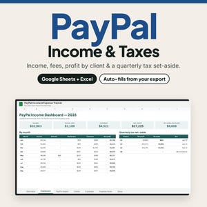 May include: A digital spreadsheet template for tracking PayPal income and taxes, featuring a dashboard with tables for monthly income, expenses, net profit, and quarterly tax set-asides. The interface includes labels for Google Sheets and Excel compatibility.