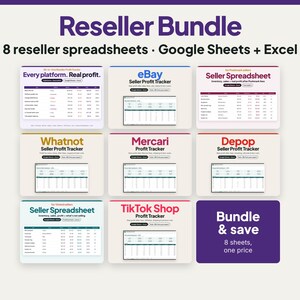 Könnte beinhalten: Ein digitales Reseller-Paket mit 8 Tabellen für Google Sheets und Excel. Die Sammlung enthält Gewinn-Tracker für Plattformen wie eBay, Whatnot, Mercari, Depop und TikTok Shop, dargestellt mit violetten, roten und blauen Textüberschriften.