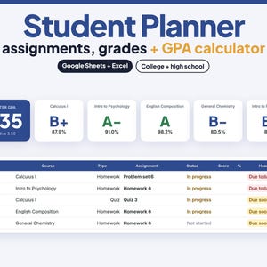 Studienplaner-Tabelle, Aufgabenverfolgung, Notendurchschnittsrechner (Google Sheets, Excel)