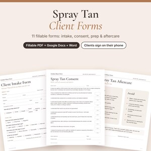 Puede incluir: Un conjunto de 11 formularios rellenables para clientes de bronceado en spray, que incluyen admisión, consentimiento, preparación y cuidados posteriores. Plantillas digitales compatibles con PDF, Google Docs y Word para firma móvil.