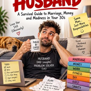 May include: A book cover titled Desperate Husband: A Survival Guide to Marriage, Money and Madness in Your 30s by Martin. The cover features a man holding a mug that says Fueled by Coffee, with sticky notes, a laptop, and a stack of books.