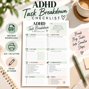 Puede incluir: Un documento imprimible de lista de verificación ADHD Task Breakdown Checklist en blanco con seis secciones: Task Goal, Break It Down, Set a Time, Do It, Stay on Track y Reward & Reflect. Incluye casillas, líneas y corazones.