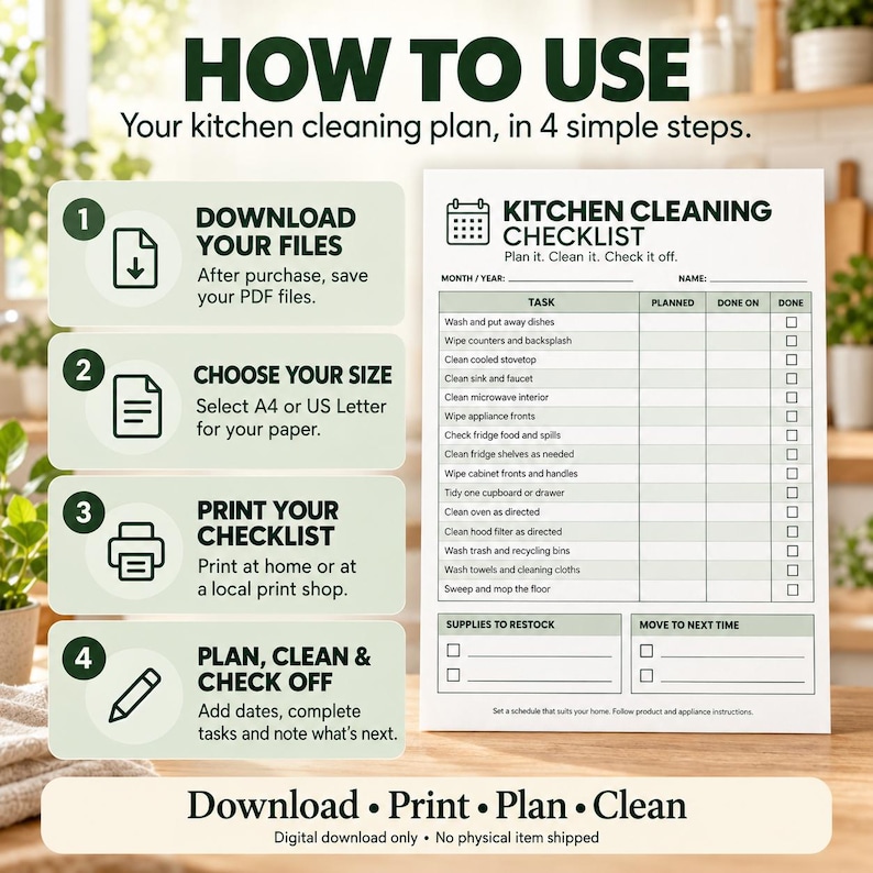 Example Kitchen Task Sheet Kitchen Cleaning Checklist Printable, Cleaning Schedule and Task ...