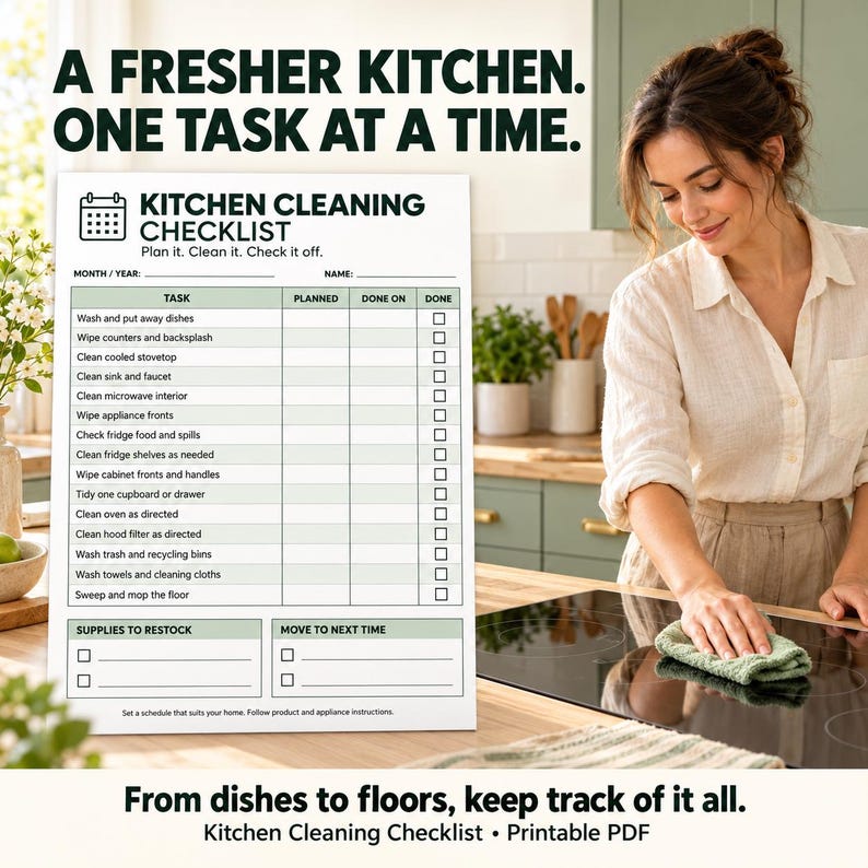 Kitchen Cleaning Checklist Printable, Cleaning Schedule and Task ...