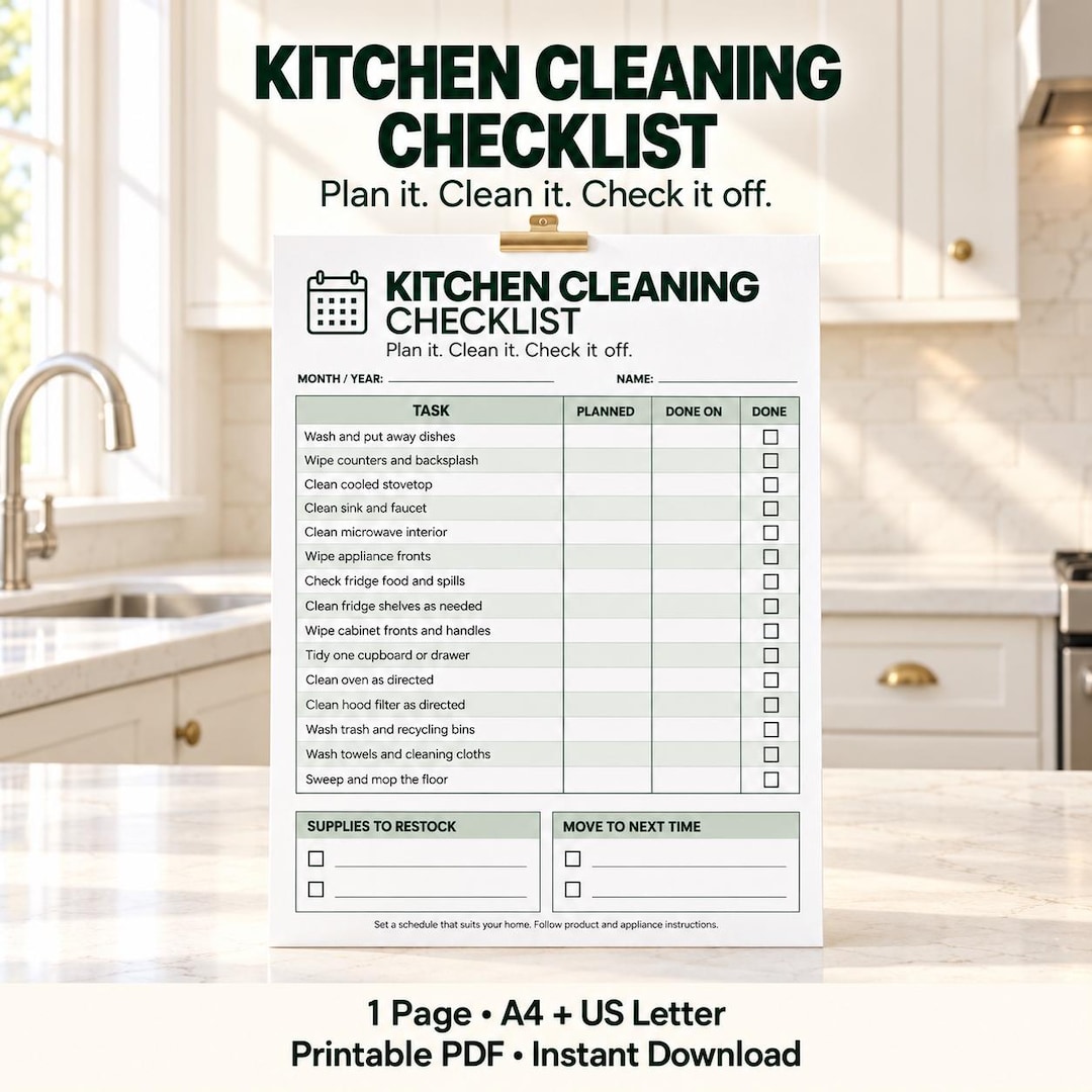 Kitchen Cleaning Checklist Printable, Cleaning Schedule and Task ...