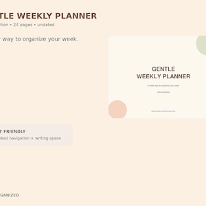 Puede incluir: Un planificador semanal digital de 24 páginas sin fecha. La interfaz presenta texto marrón sobre un fondo crema, incluyendo el título GENTLE WEEKLY PLANNER, navegación con hipervínculos para tabletas y acentos circulares de colores suaves.