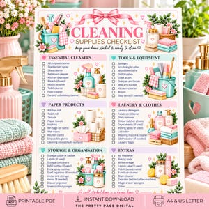 May include: A cleaning supplies checklist printable featuring a pink bow header, six categorized sections with checkboxes, and illustrations of cleaning tools, bottles, and towels. The text includes headings like Essential Cleaners and Tools.
