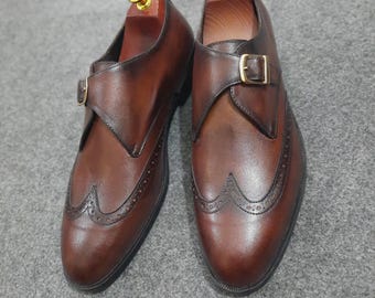 Handmade Brown Monk Strap Shoes for Men, Leather Wingtip Brogue Dress Shoes, Vintage Formal Business Shoes