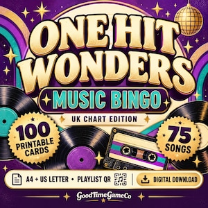 May include: A digital music bingo game titled ONE HIT WONDERS MUSIC BINGO UK CHART EDITION. The graphic features vinyl records, a cassette tape, and a disco ball on a purple background. It includes 100 printable cards, 75 songs, A4 and US Letter sizes, a playlist QR code, and a digital download label.