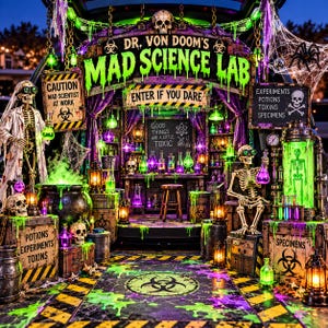May include: A Halloween-themed mad science lab display featuring skeletons wearing goggles, a bubbling cauldron, glowing green and purple potion bottles, and signs reading DR. VON DOOM'S MAD SCIENCE LAB, CAUTION MAD SCIENTIST AT WORK, and GOOD THINGS ARE A LITTLE TOXIC.
