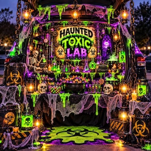Peut inclure: Une décoration de coffre de voiture sur le thème Haunted Toxic Lab, avec une enseigne centrale portant le texte, de la glu vert néon, des crânes, des squelettes, des symboles de danger biologique, des lanternes et des bonbons dans un chaudron.