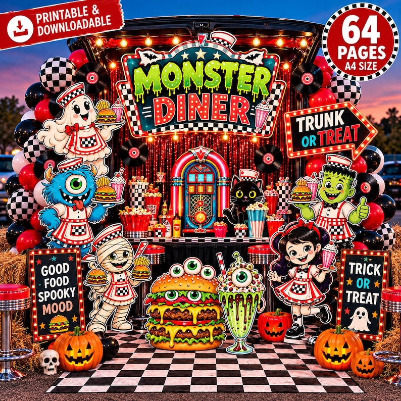 Monster Diner Trunk or Treat Kit, 64 Page Halloween Printable ...