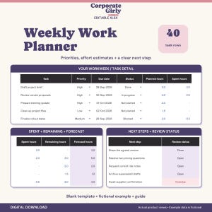 Sjabloon voor een wekelijkse werkplanner (spreadsheet) | Prioriteiten en uren | Bewerkbaar XLSX-bestand