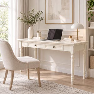 May include: A white wooden desk with two drawers featuring dark knobs, turned legs, and a rectangular top. On the desk sits a laptop, a white vase with green branches, a pencil holder, books, and a white lamp with a gold-toned base.