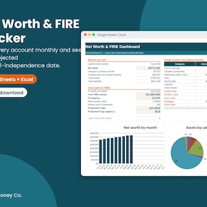 Net Worth Tracker Spreadsheet, Google Sheets + Excel, Monthly Net Worth & FIRE Progress Template, Financial Independence Dashboard