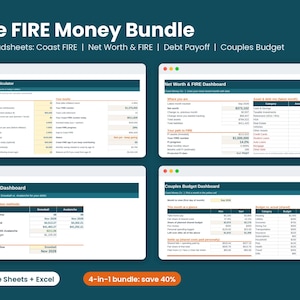 FIRE Spreadsheet Bundle, Google Sheets + Excel, Coast FIRE Calculator, Net Worth Tracker, Debt Snowball, Couples Budget Templates