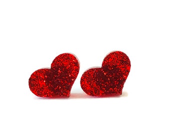 GLITTER HEART STUD Earrings, Small Red Heart Earrings, Valentines Earrings, Titanium Earrings, Glitter Heart #197