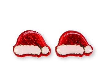 SANTA EARRINGS STUDS, Christmas Stud Earrings, Stocking Fillers, Hypoallergenic Earrings, Glitter Santa Hat Earrings #239