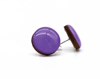 VIOLET PURPLE EARRINGS Studs, 15mm Resin Colour Dot, Circle Stud Wooden Earrings, Titanium Earrings, Hand Made, Violet #530