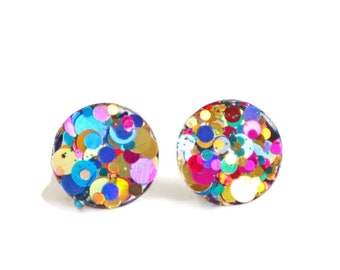 RAINBOW GLITTER Stud Earrings • Circle Glitter Stud Earrings • Colourful Hypoallergenic Earrings • Glitter Smash #146