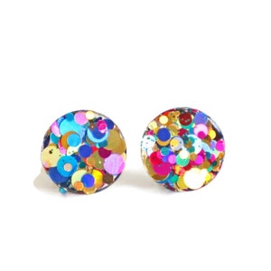 RAINBOW GLITTER Stud Earrings • Circle Glitter Stud Earrings • Colourful Hypoallergenic Earrings • Glitter Smash #146