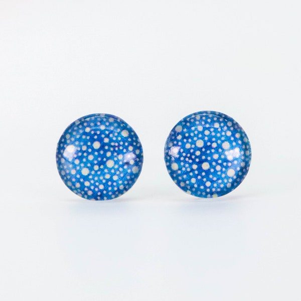 MINIMALIST EARRING STUDS, Blue Polka Dot Print Earrings, Glass Stud Earrings, Surgical Steel Earrings, Lavish #213